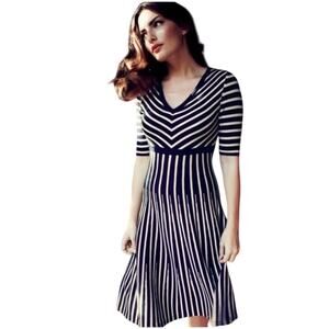 BODEN Women’s The Amelia Wool Navy and Tan Striped Fit and Flare Dress